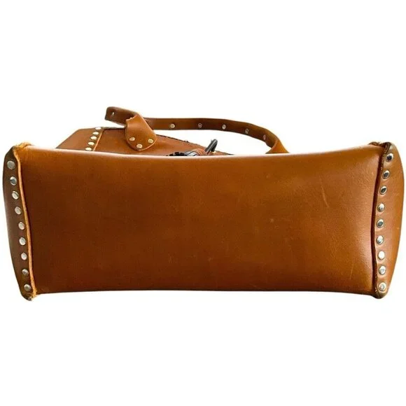 Jaxy Blue Medium Leather Tote Bag Brown Handmade Studded Western Tassel Pocket - Picture 11 of 14